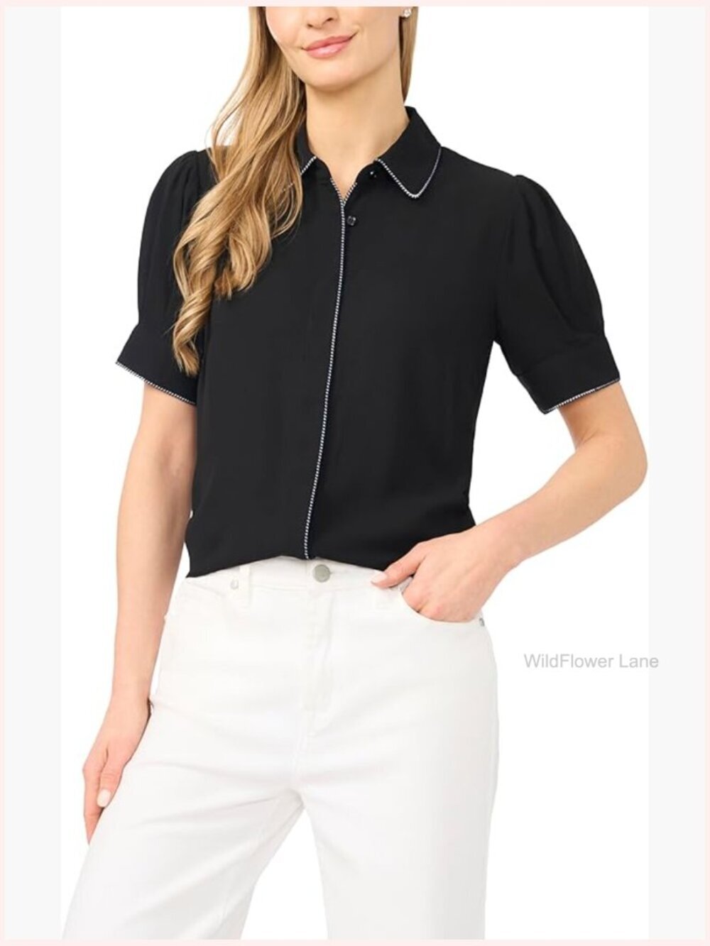 Contrast Stitch Button Up Blouse, Tailored Collar, Regular Fit